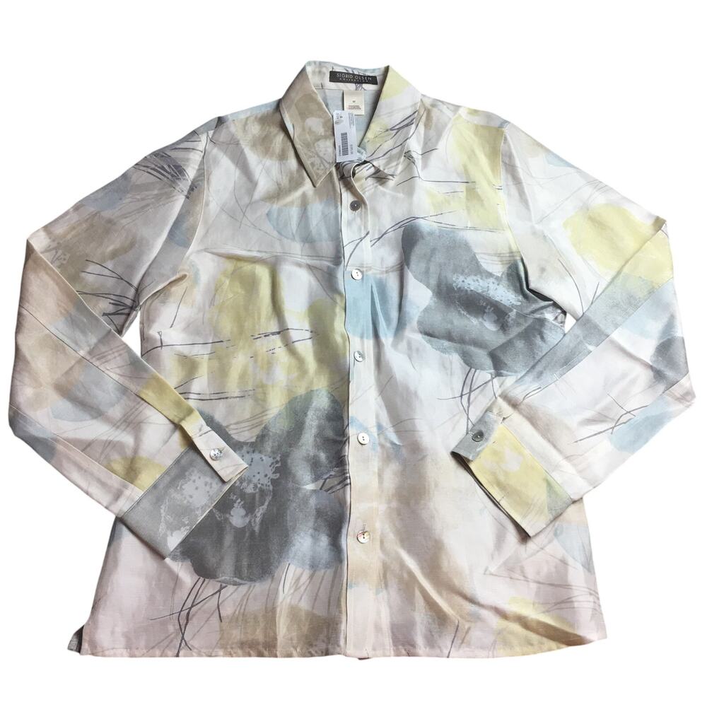 Sigrid Olsen Collection Silk Linen Blend Yellow White Women Printed Shirt  Med